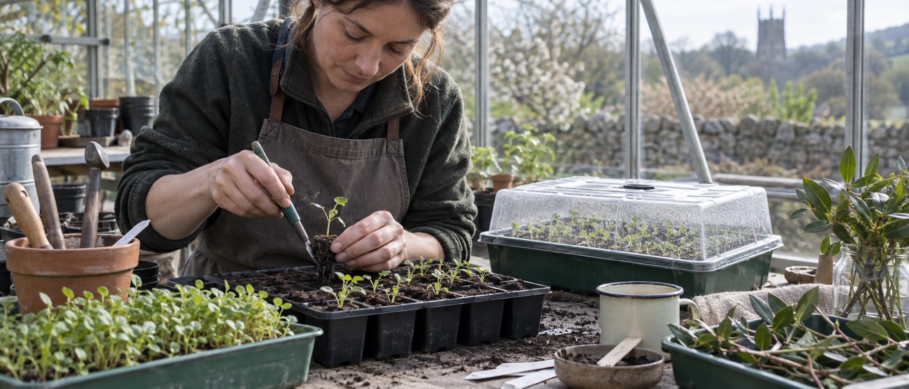 Gardener pricking out young seedlings beside a covered propagator and cuttings