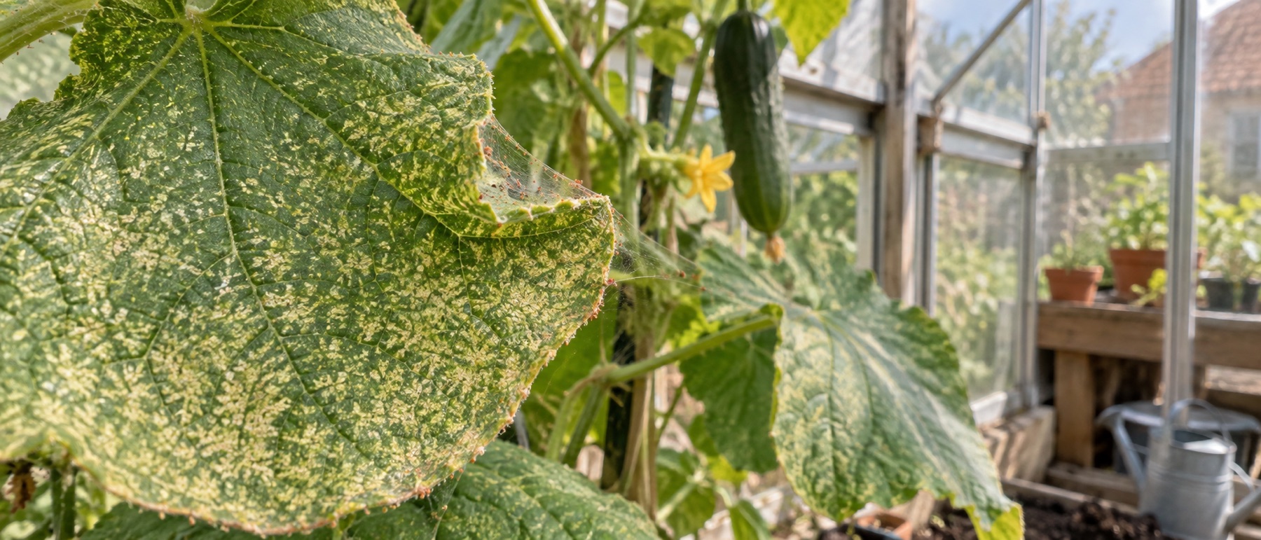 Stippled greenhouse cucumber leaf with fine mite webbing
