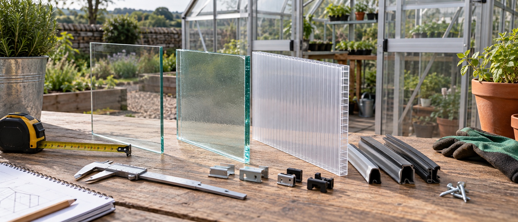 Glass and twin-wall polycarbonate samples measured beside greenhouse clips and seals