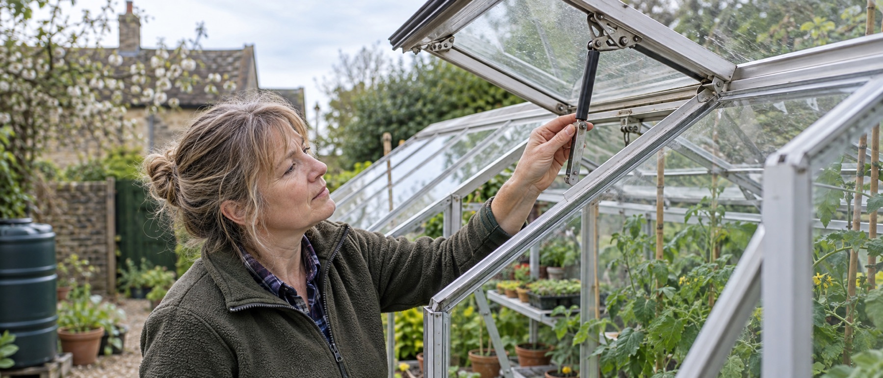 Gardener inspecting an open greenhouse roof vent from a stable working position