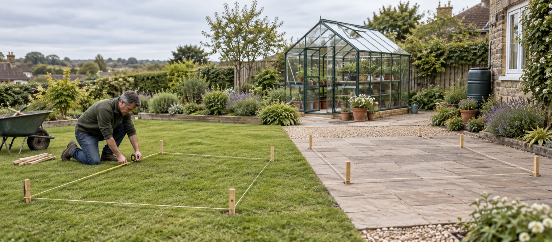 Gardener marking two possible greenhouse footprints in a British garden