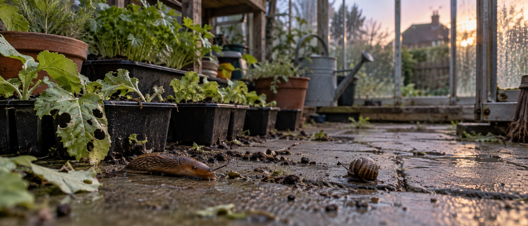 Small slug and snail near potted seedlings on a greenhouse floor