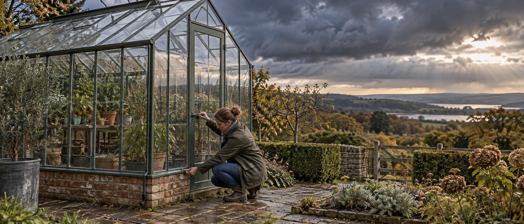 Gardener securing a greenhouse door before dark storm clouds arrive