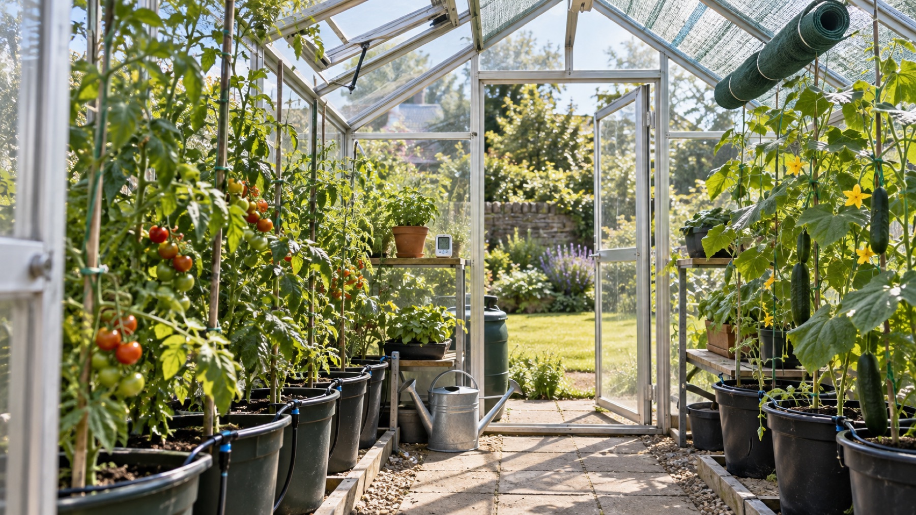 Ventilated greenhouse interior with drip lines, thermometer and summer crops