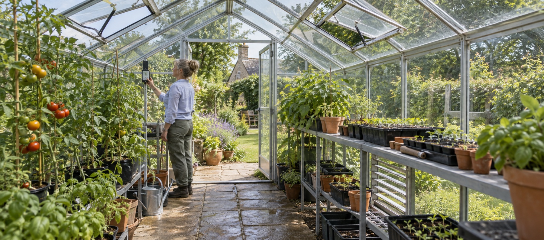 Greenhouse with open roof vents, door and low louvre ventilation
