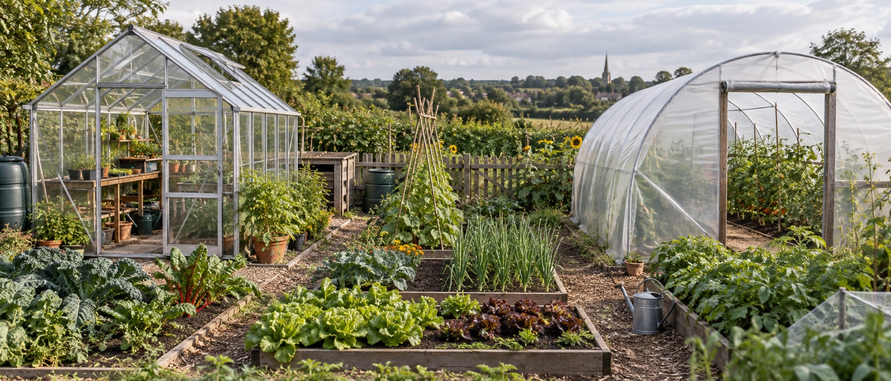 Framed greenhouse and polytunnel beside vegetable beds in a British allotment