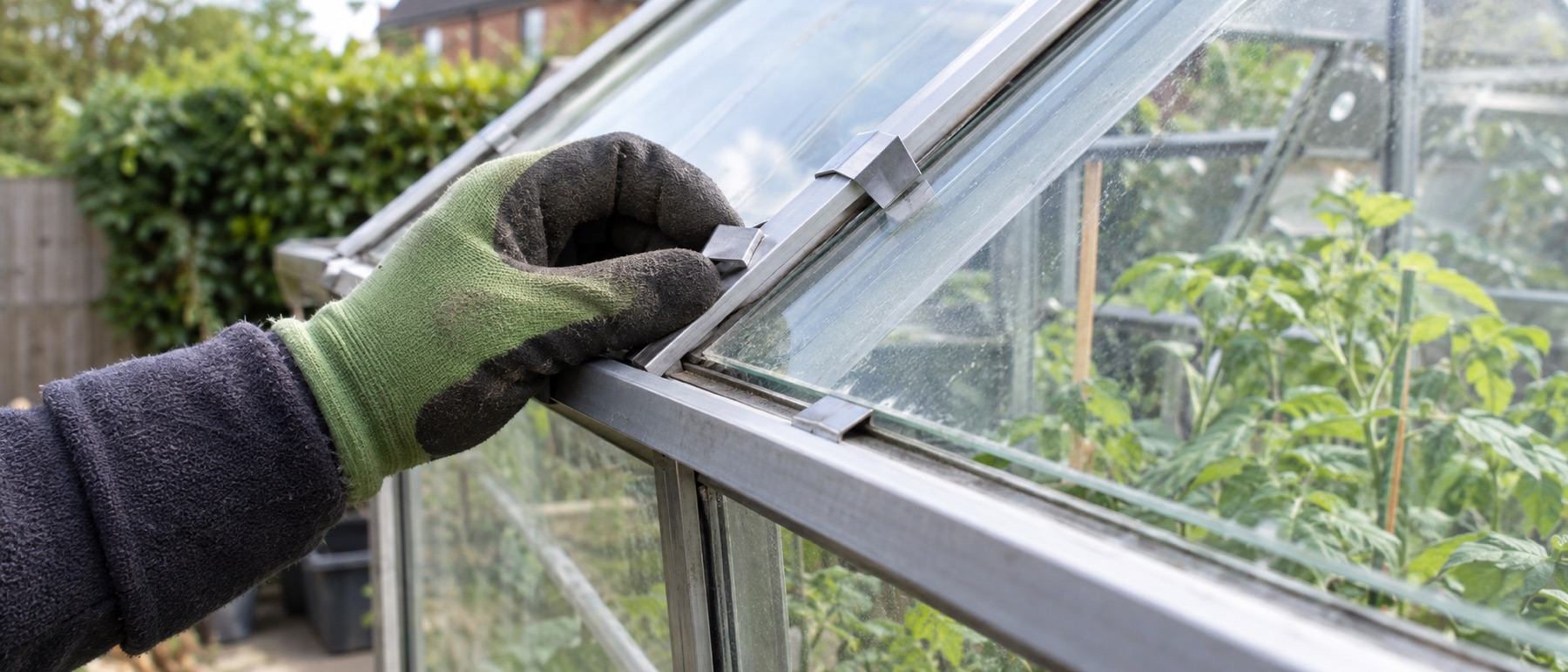 Gloved hand inspecting a metal greenhouse glazing clip at a glass pane edge