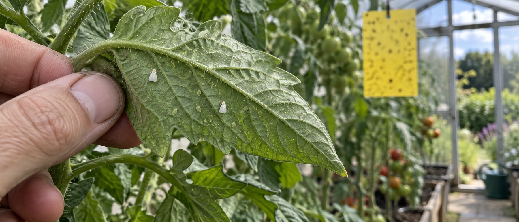 Small whitefly adults and pale nymphs beneath a tomato leaf in a greenhouse