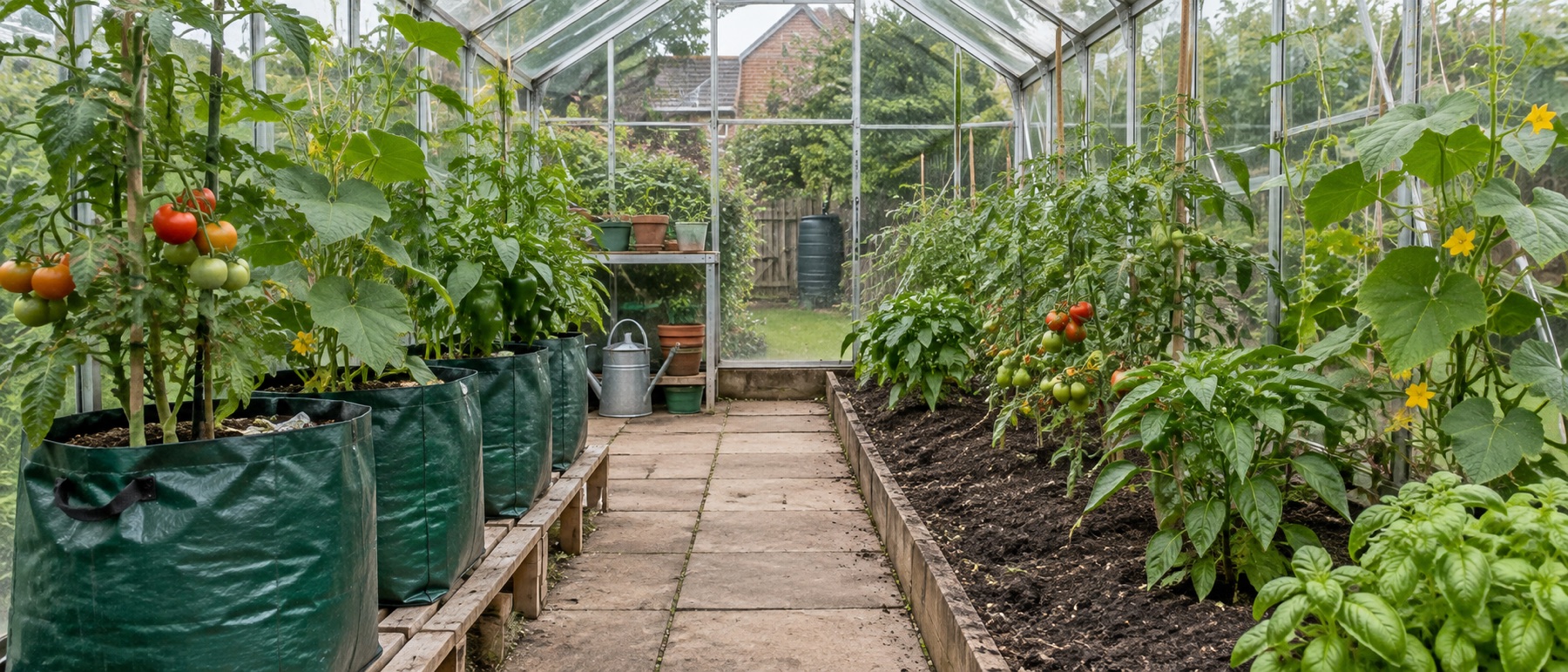 Vegetable growbags opposite an in-ground border inside a greenhouse