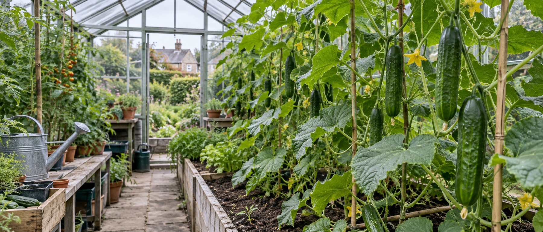 Cucumbers hanging from trained vines inside a productive greenhouse