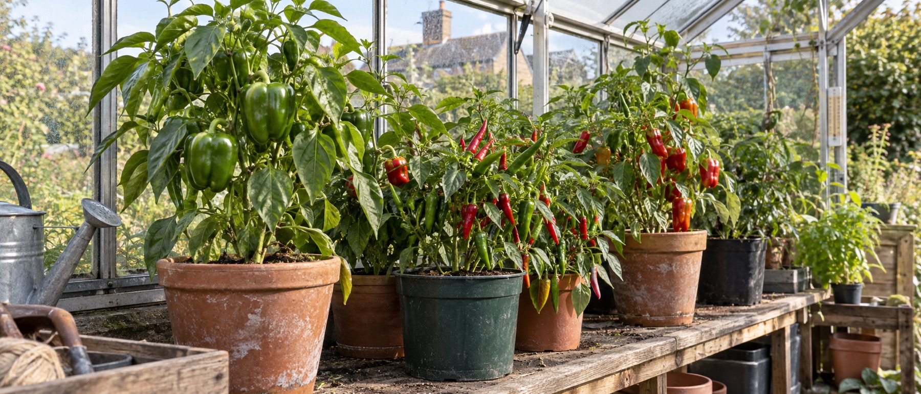 Sweet peppers and chillies fruiting in pots on a greenhouse bench