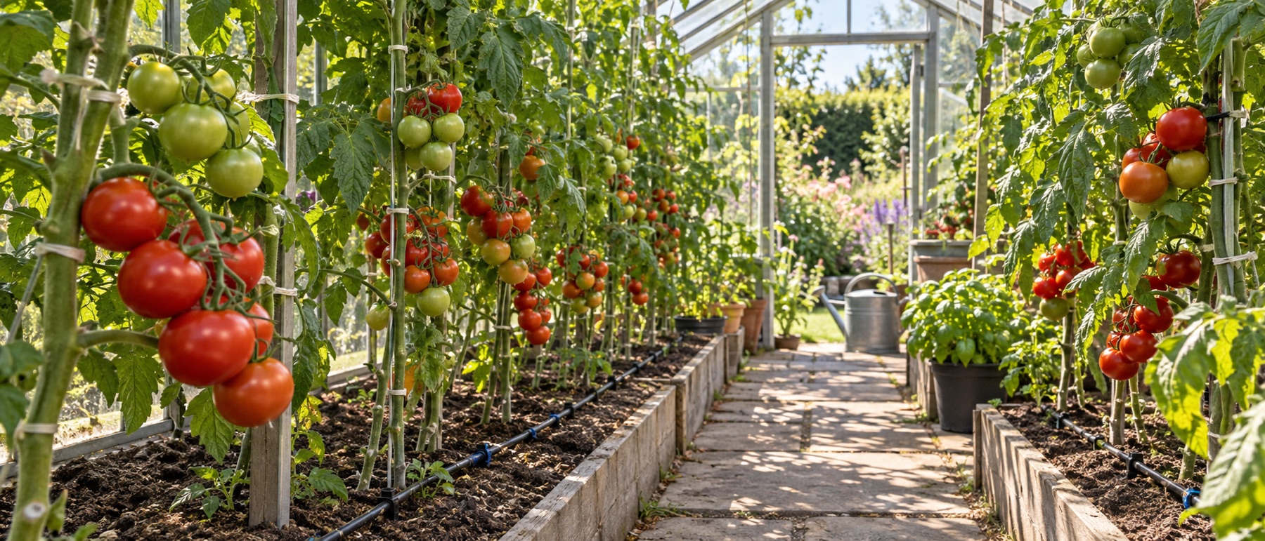 Supported tomato vines carrying green and red fruit in a bright greenhouse