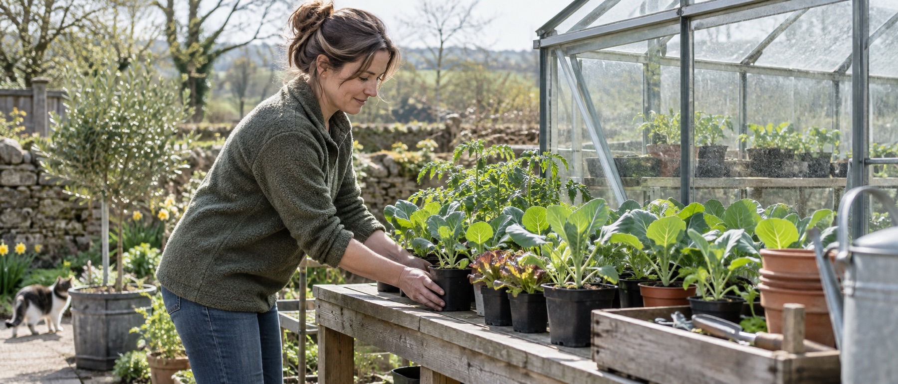 Young vegetable plants set on a sheltered bench beside a greenhouse