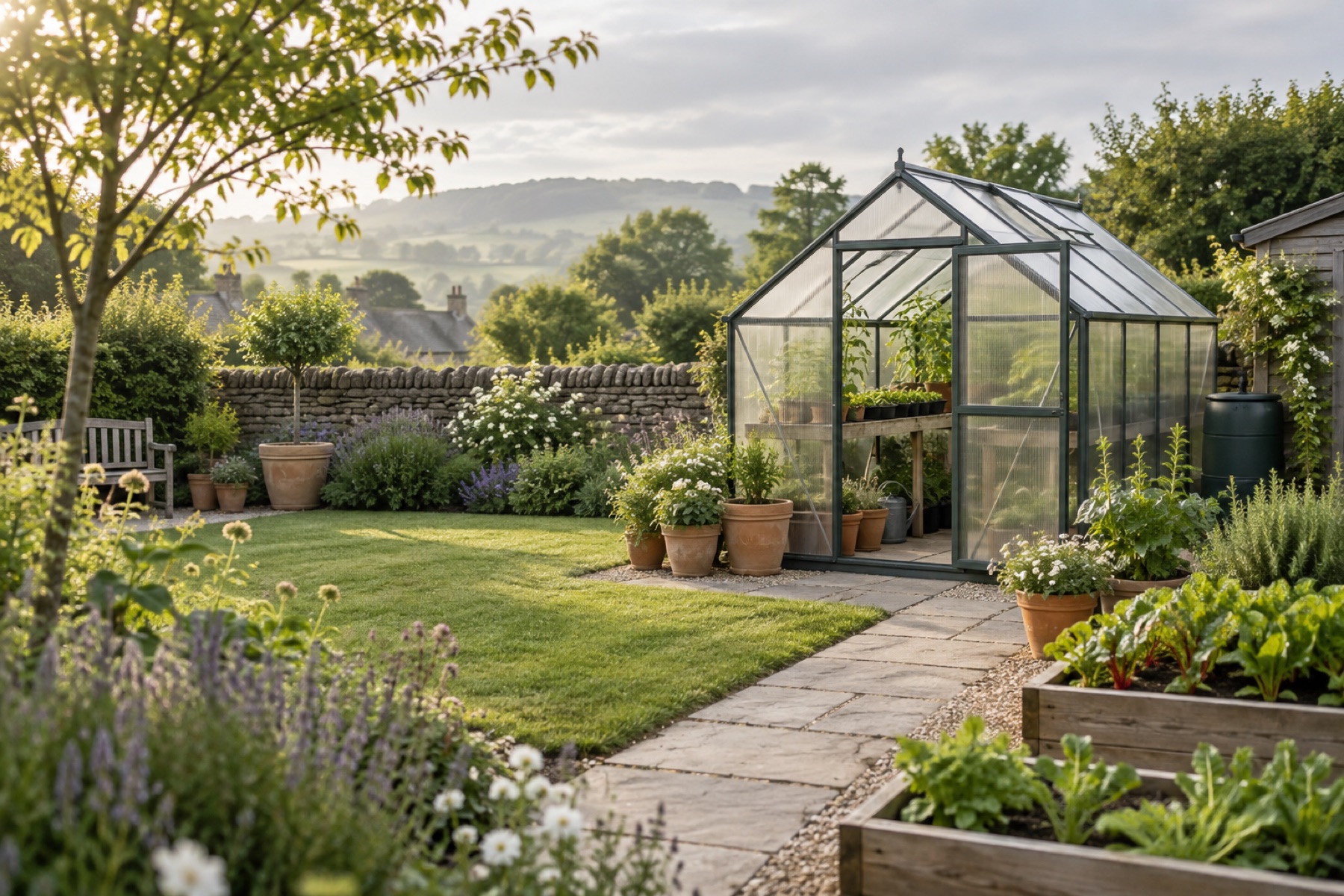 Compact polycarbonate greenhouse in a planted British back garden