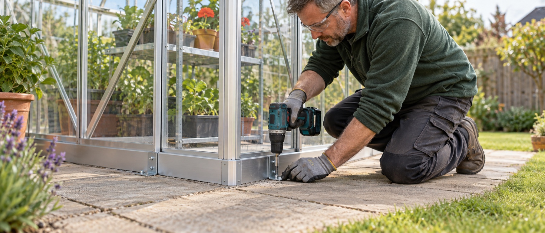 Gardener fastening an aluminium greenhouse base bracket to paving