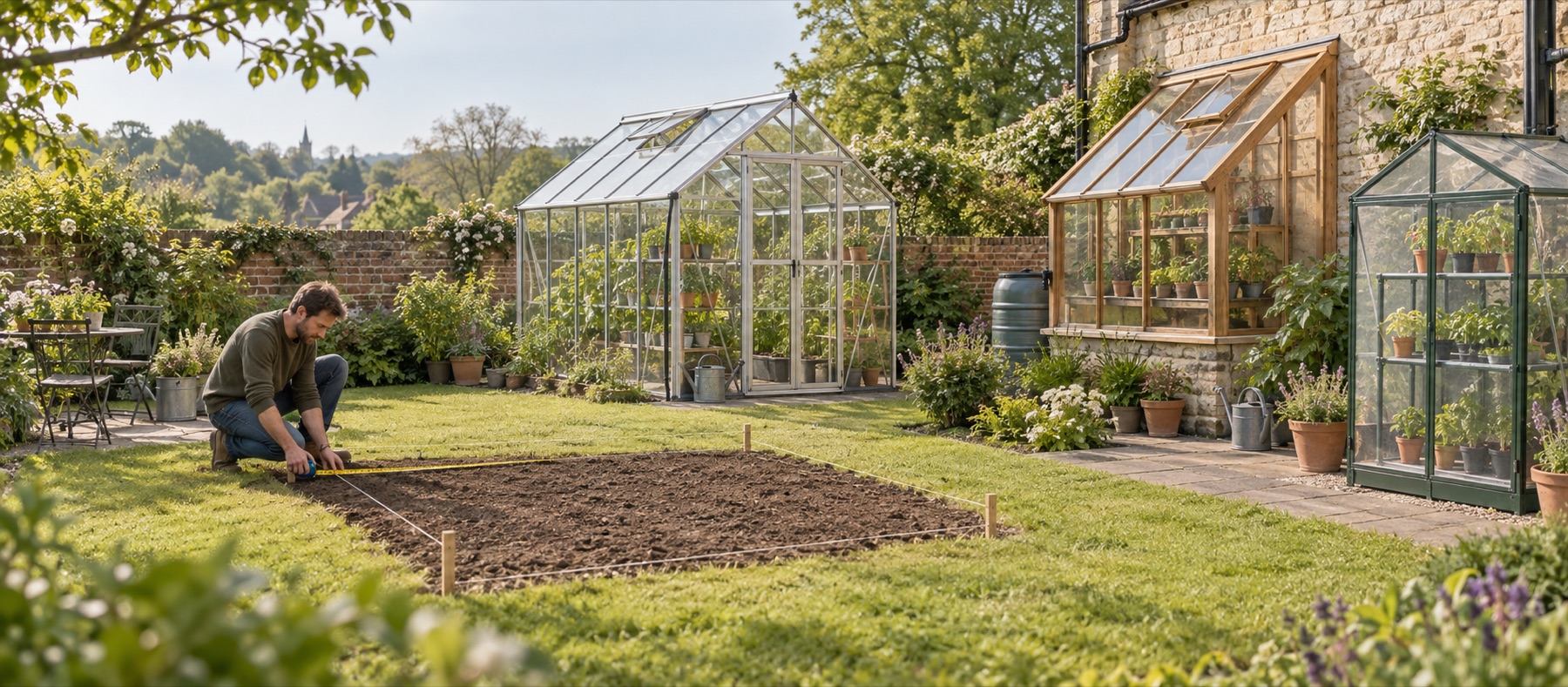 Gardener measuring a plot beside freestanding and wall-mounted greenhouse options