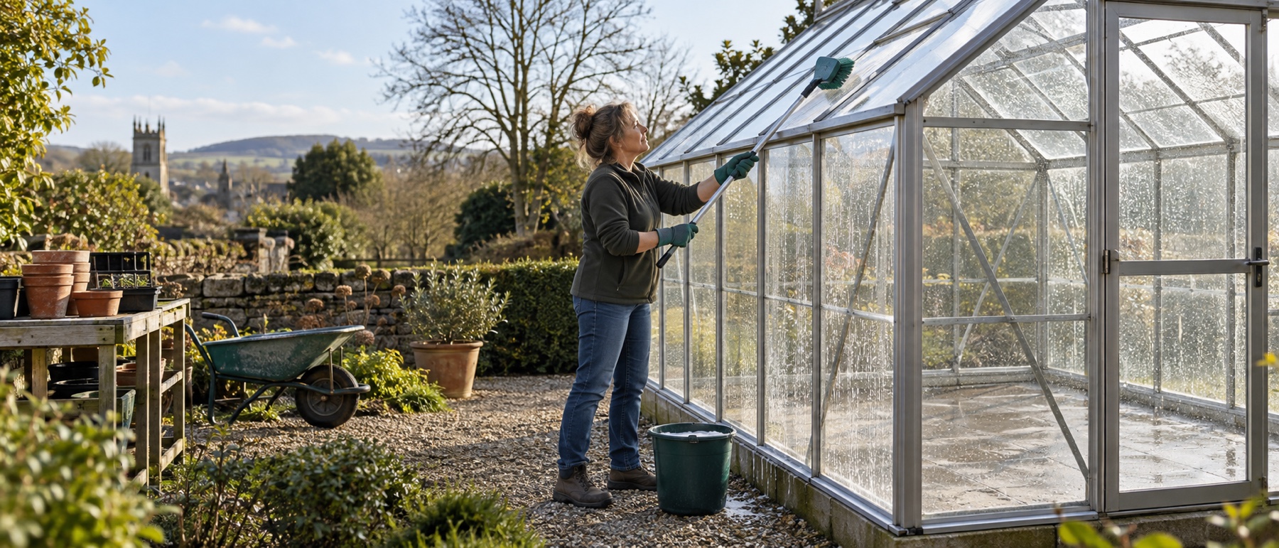 Gardener cleaning greenhouse glazing from ground level with a long-handled soft brush