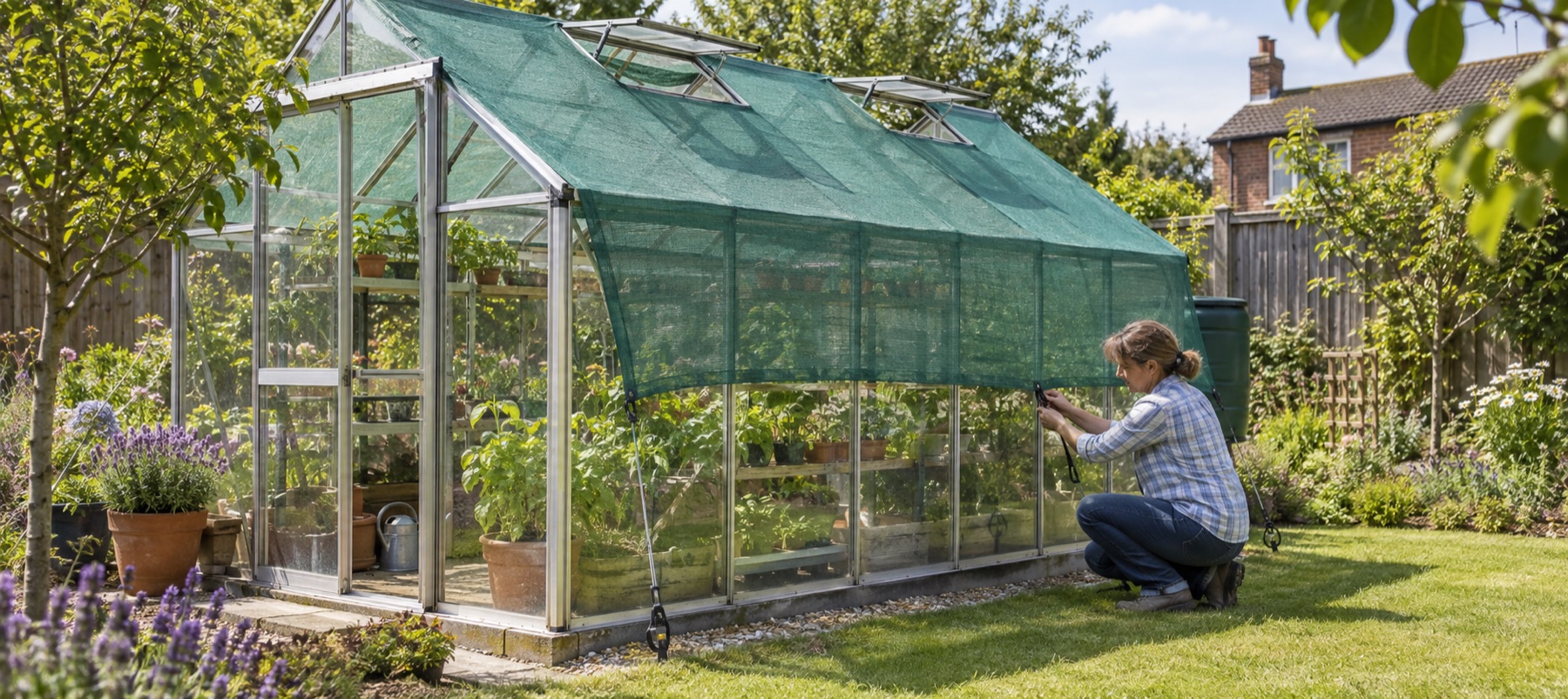 Gardener securing removable shade mesh over a greenhouse in summer