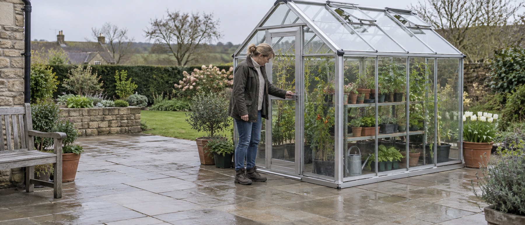 Gardener checking a compact greenhouse installed on a level paved patio