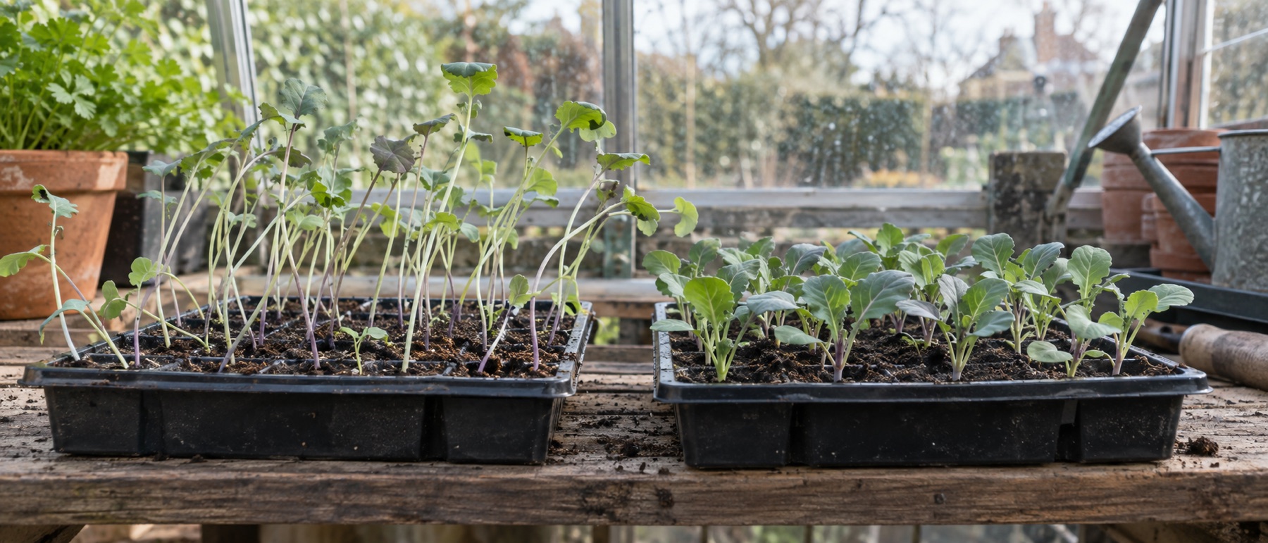 Thin leaning seedlings beside compact healthy seedlings on a greenhouse bench
