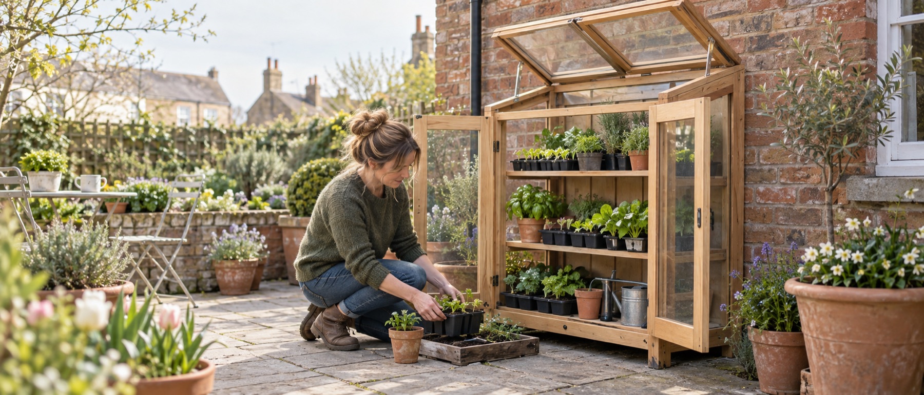 Gardener arranging seedlings in an open timber mini greenhouse on a patio