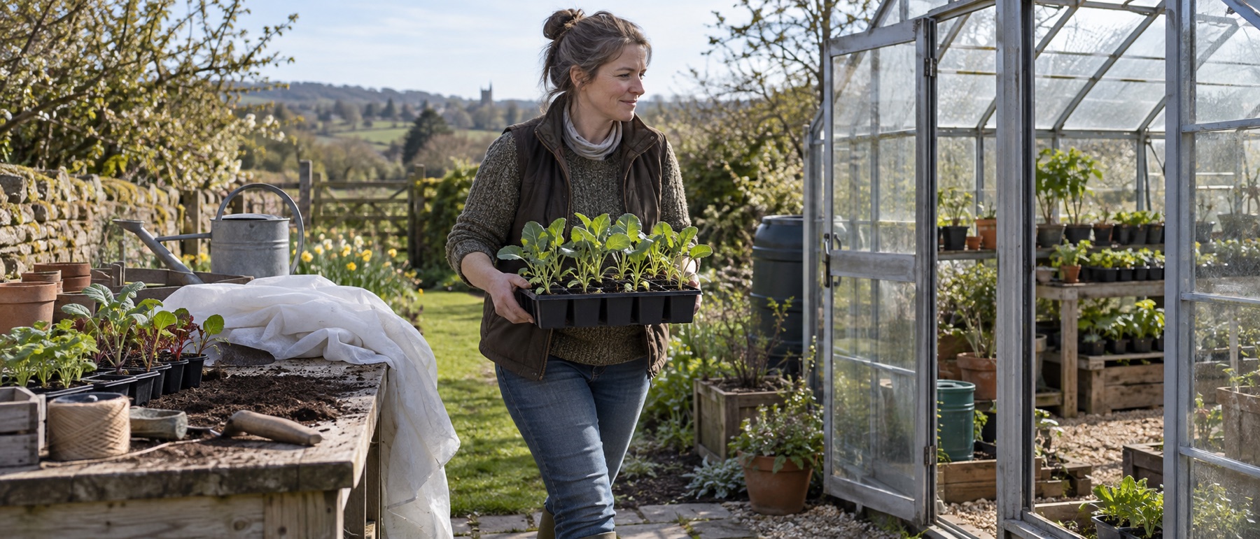 Vegetable seedlings being carried towards a glass greenhouse in spring