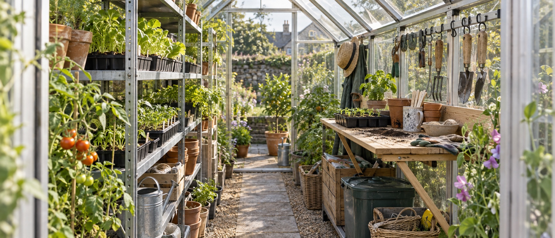 Compact greenhouse organised with narrow shelving, hanging tools and a clear central path