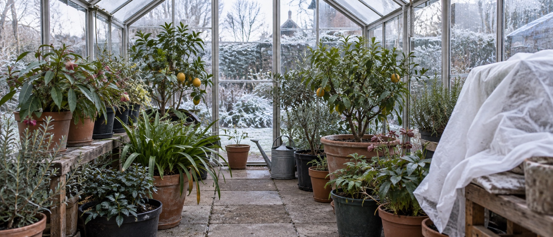 Potted plants grouped inside an unheated greenhouse on a frosty day