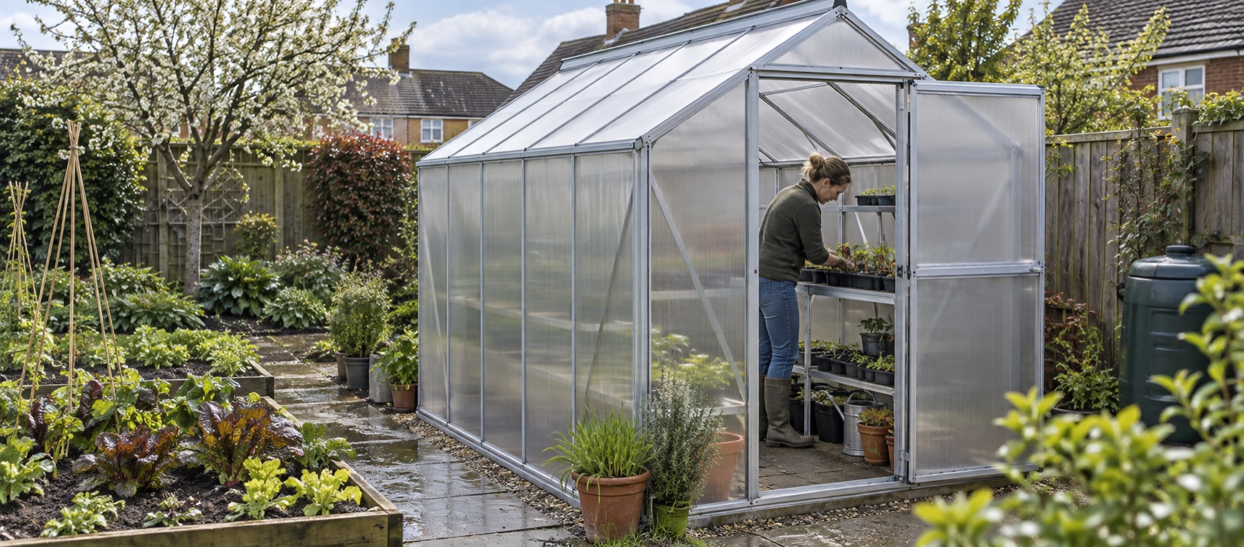 Gardener arranging seed trays inside a twin-wall polycarbonate greenhouse