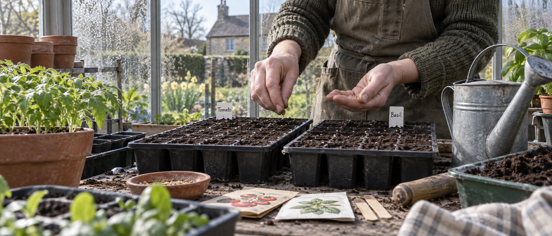 Gardener sowing tomato and basil seeds into modular trays on a greenhouse bench