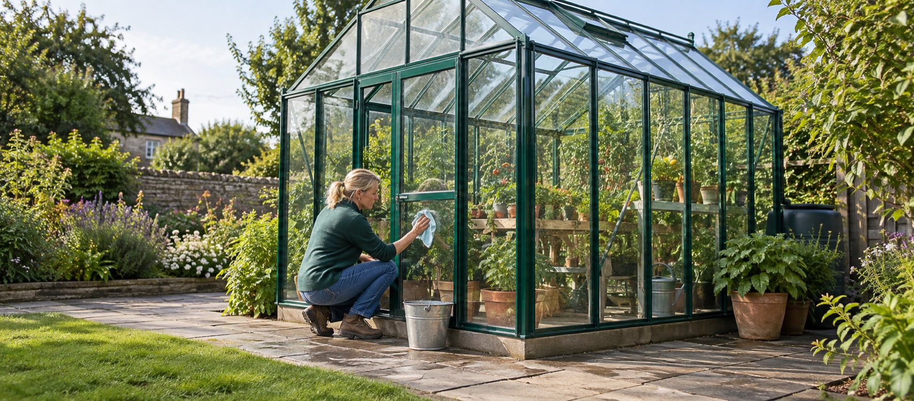 Gardener cleaning a large pane on a green-framed toughened-glass greenhouse