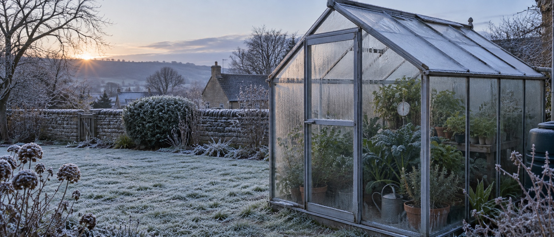 Frosty UK garden around an unheated greenhouse at dawn