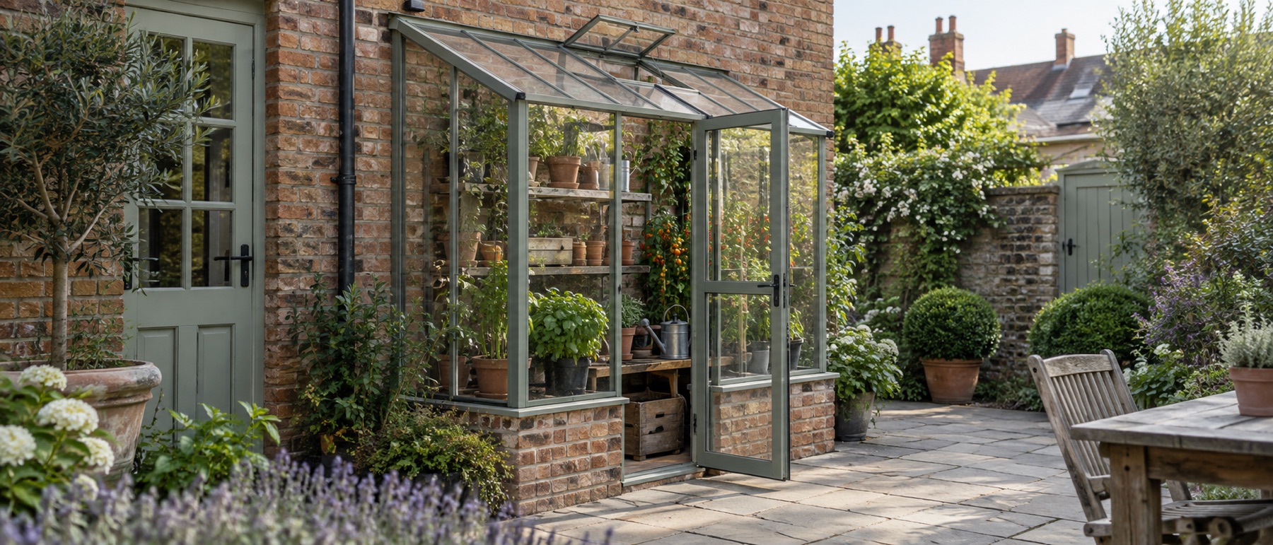 Compact wall greenhouse with shelves and plants on a brick courtyard wall