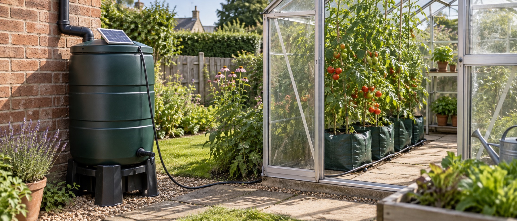 Covered water butt supplying drip lines to tomatoes in a greenhouse