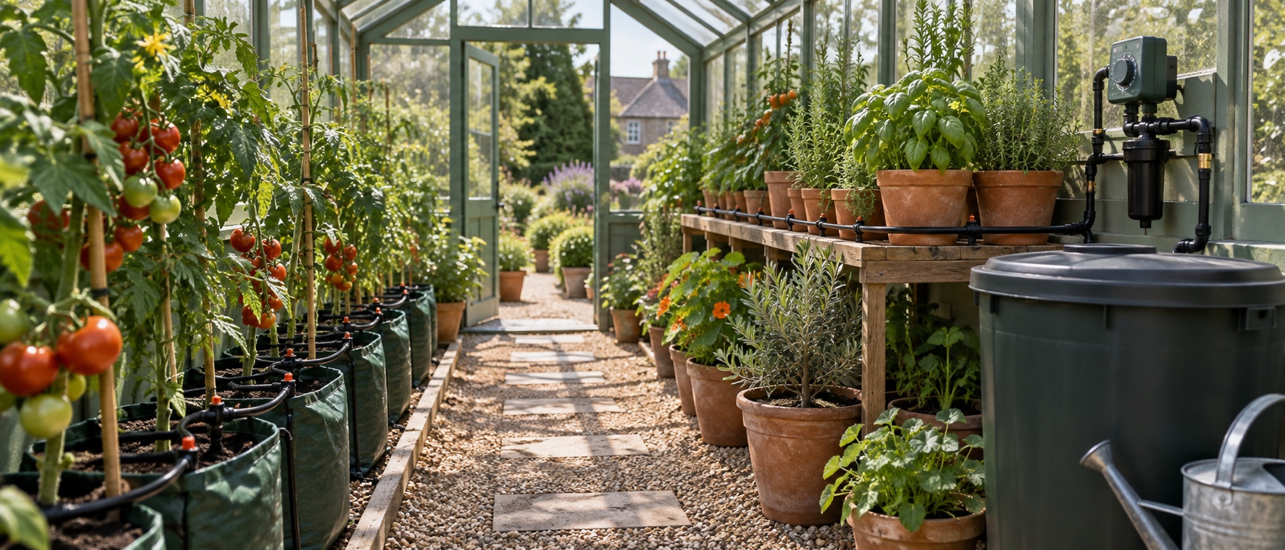 Drip irrigation serving tomatoes and pots in an organised British greenhouse