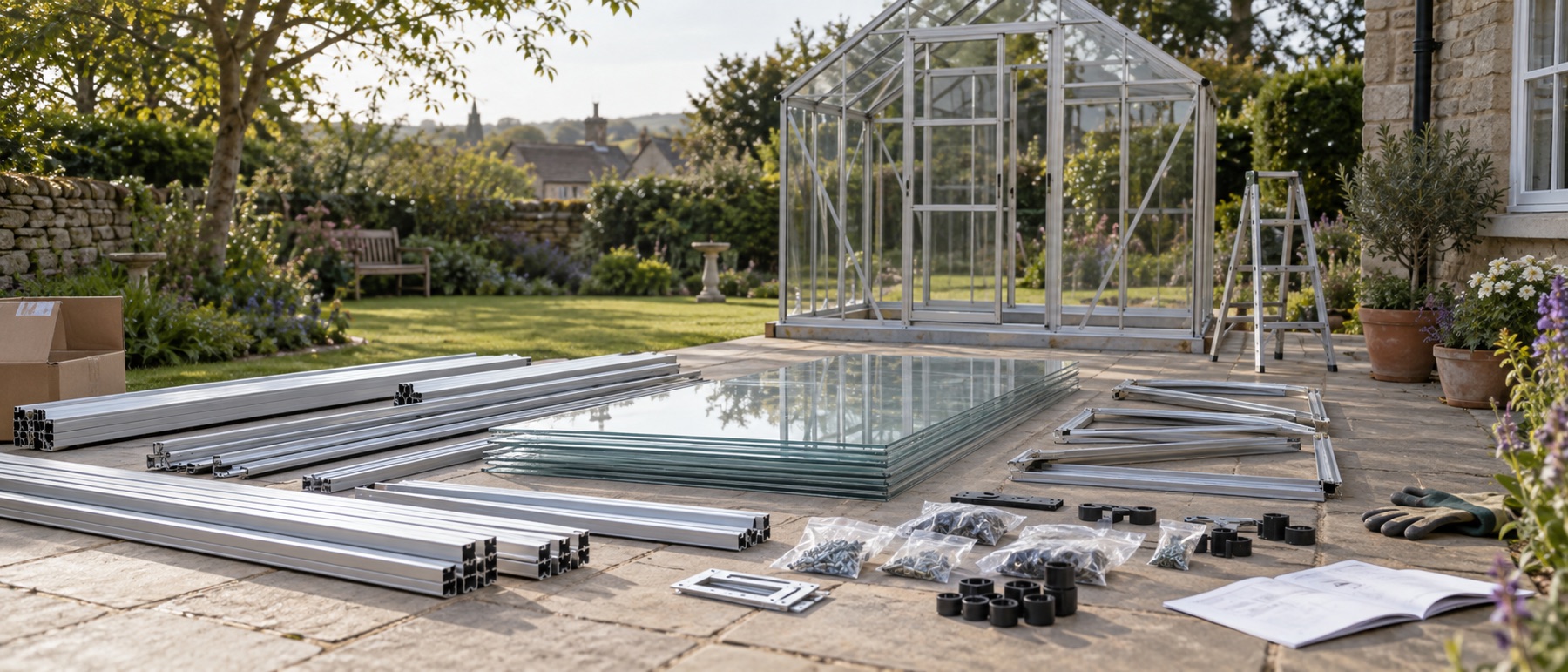 Greenhouse frame profiles, glazing panels and fixings laid out for assembly