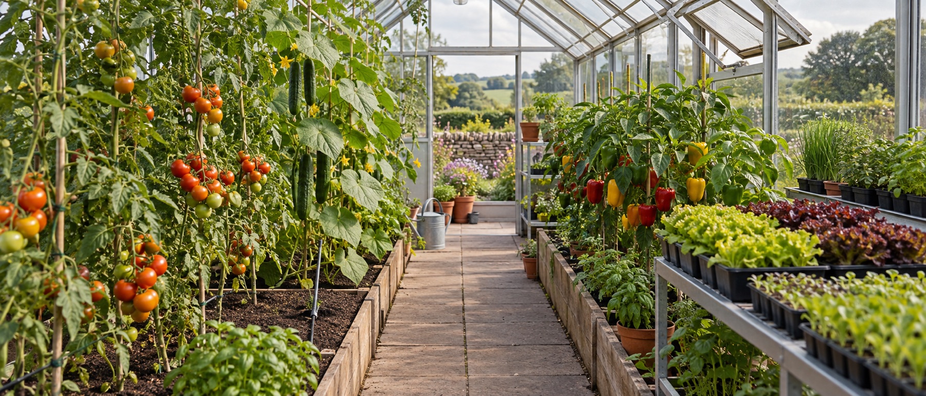 Mixed greenhouse crops including tomatoes, cucumbers, peppers and leafy salads