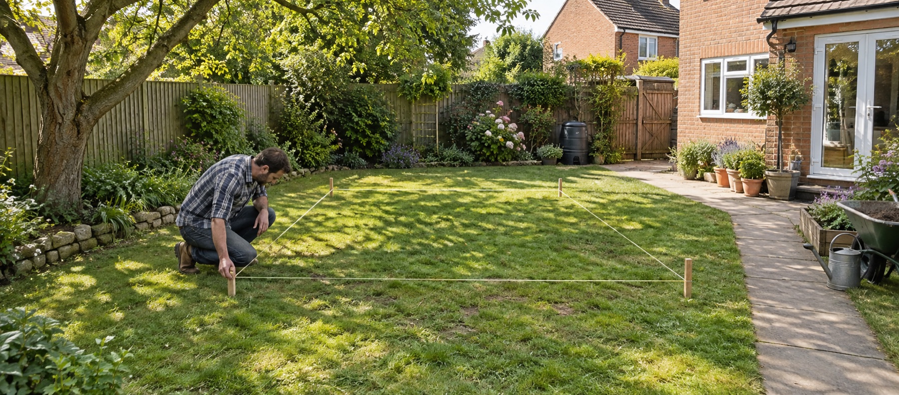 Homeowner marking out a greenhouse footprint between a tree and a clear garden path