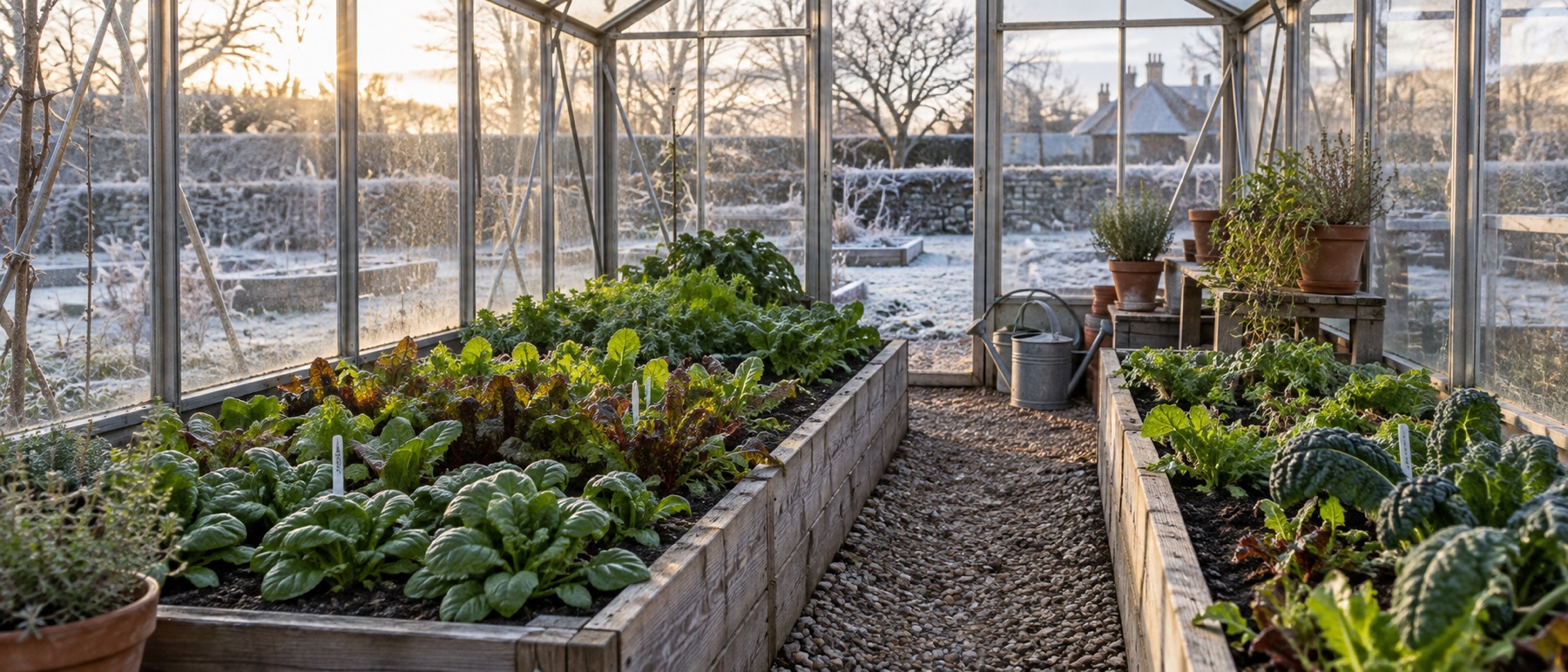 Leafy winter salad crops growing under glass with frost outside