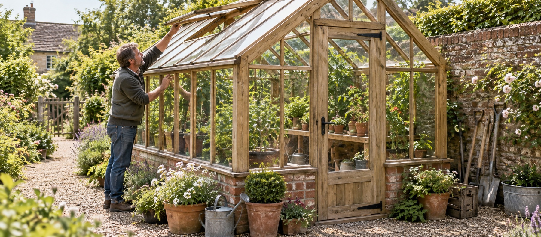 Gardener opening a roof vent on a timber greenhouse in a planted UK garden