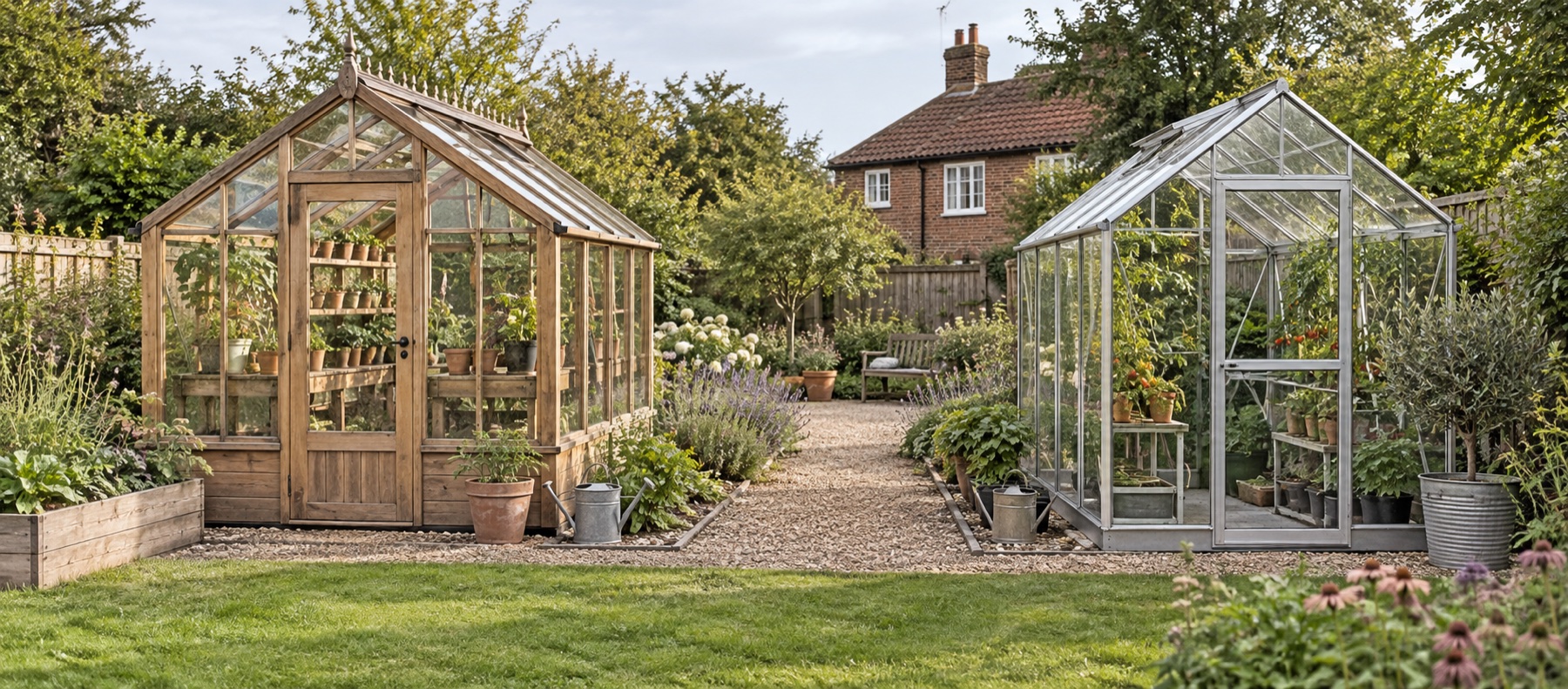 Timber and aluminium greenhouses positioned on either side of a garden path